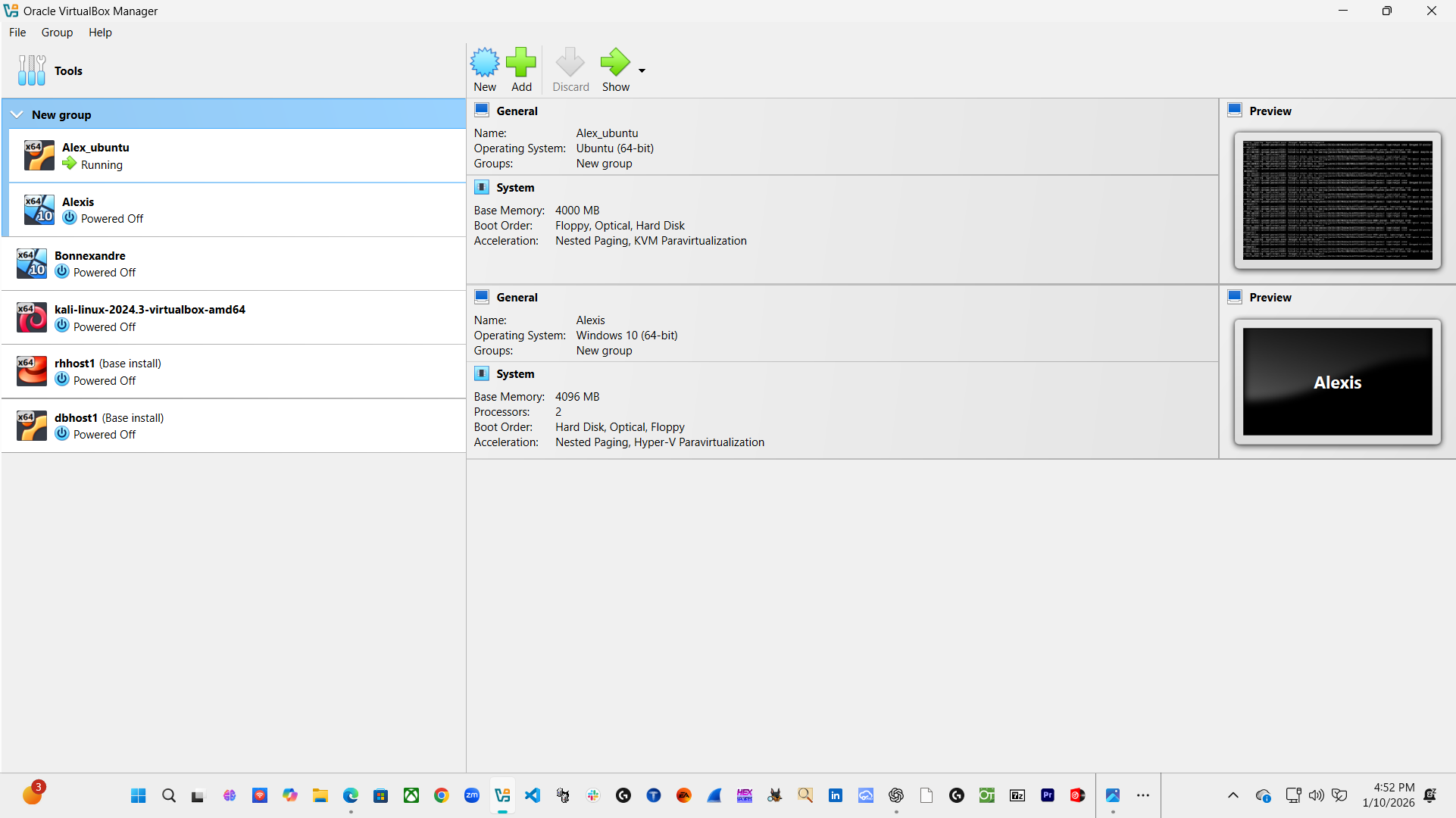 VirtualBox VM list overview